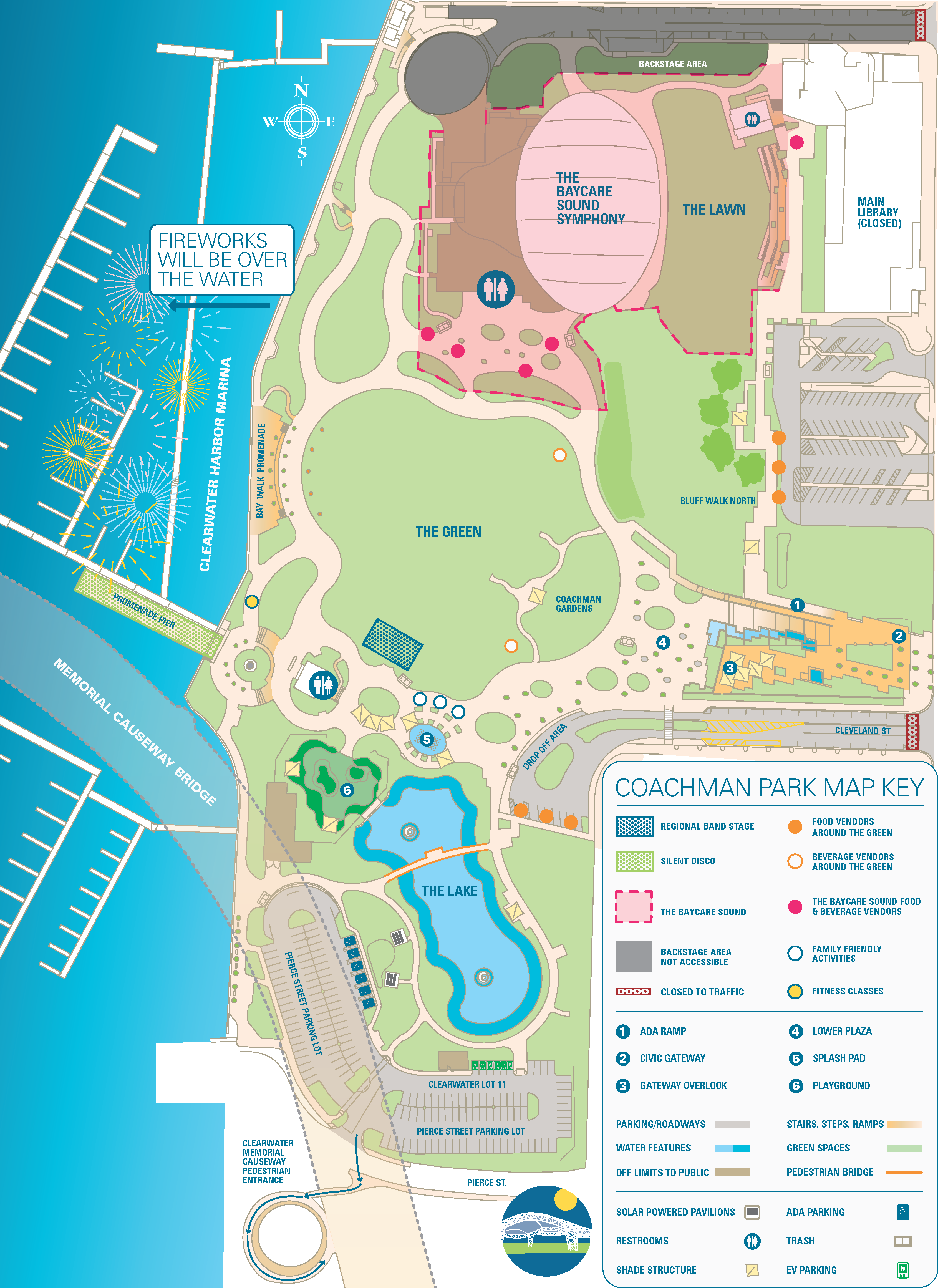 map of Coachman Park, you can see fireworks on the harbor, alcohol can only be consumed in The Sound