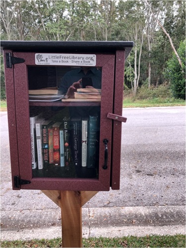 Red little free library with books