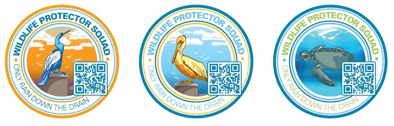 Here are three examples of the city's wildlife protector stormwater stickers.