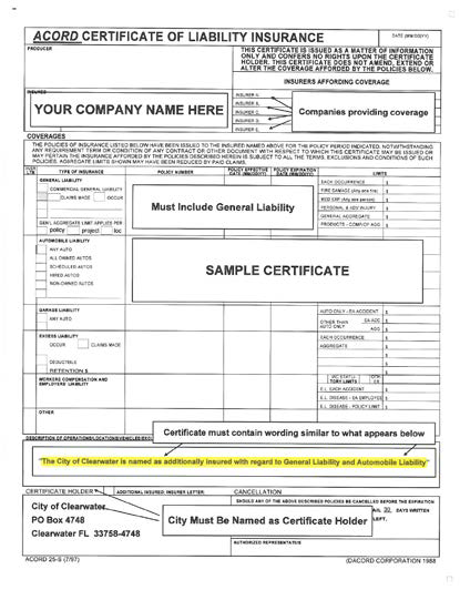 An example of a certificate of insurance showing that you must include general liability, your company name, and the company providing coverage