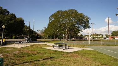 picnic tables and trees at the park