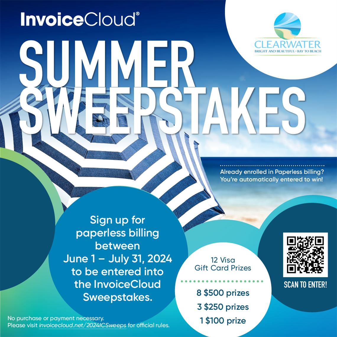 Graphic about InvoiceCloud summer sweepstakes for signing up for paperless billing